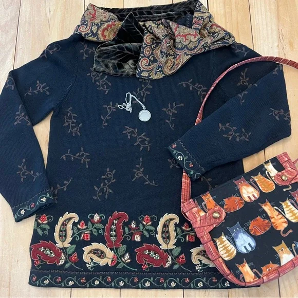 Fall/Winter Ensemble: Talbots Sweater, Silk Devoré Scarf, Effy Locket, Cat Purse